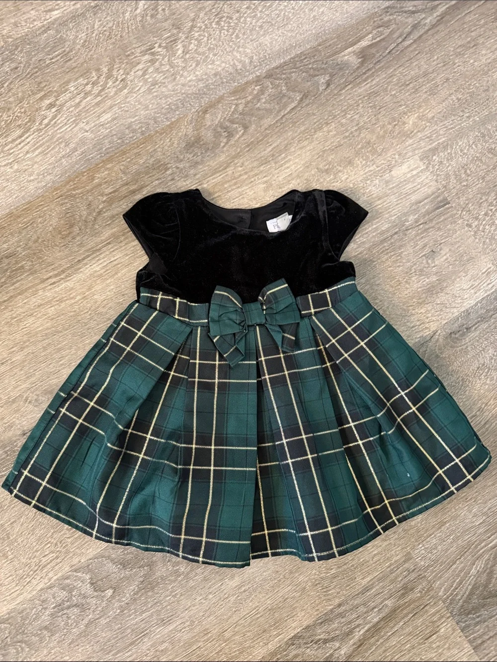 The Children's Place in 6-9 mos Black Velvet Bodice with Green Plaid Skirt Dress